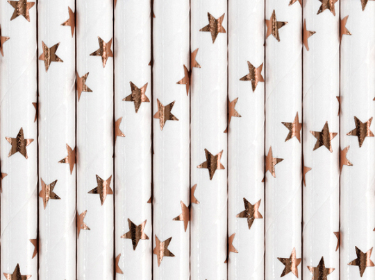 Vita papperssugrör med stjärnor i roseguld, perfekt till möhippans fest eller barnkalaset