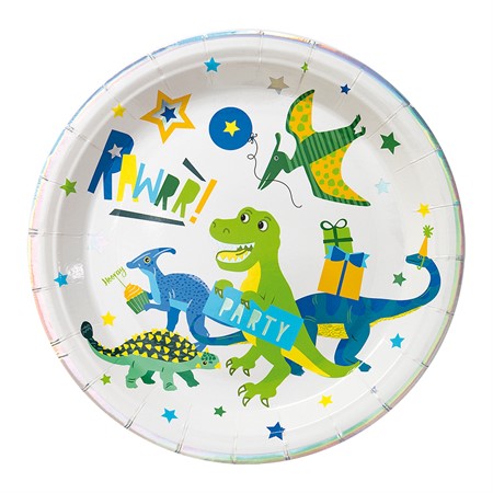 Dinosaurtema till barnkalaset. Tallrikar, girlang, servetter, konfetti, partytutor mm. Papperstallrikar med dinosaurier 8-pack. 39 kronor
