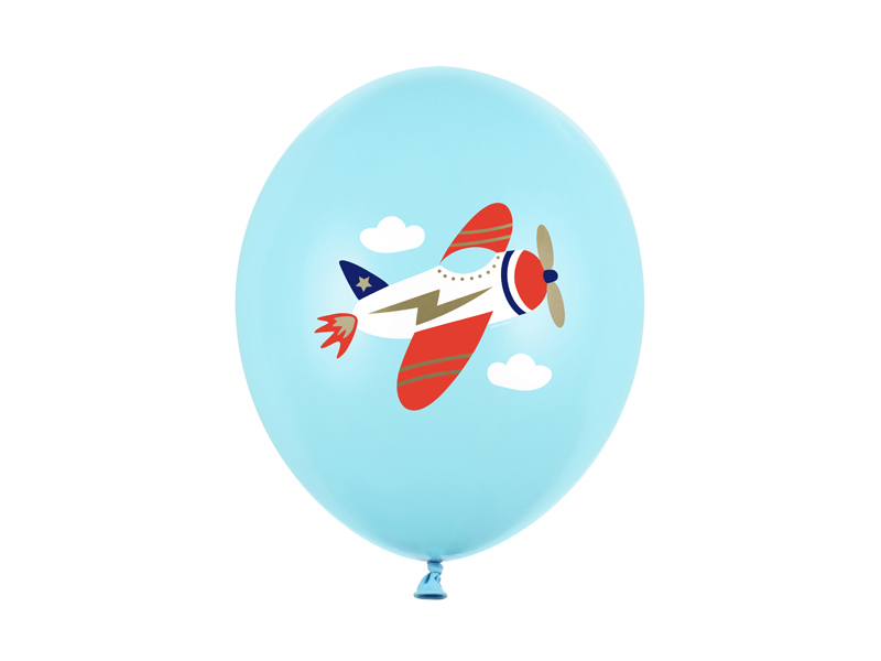 Ljusblå pastellballonger med flygplan på. 6-pack, 25 kronor
