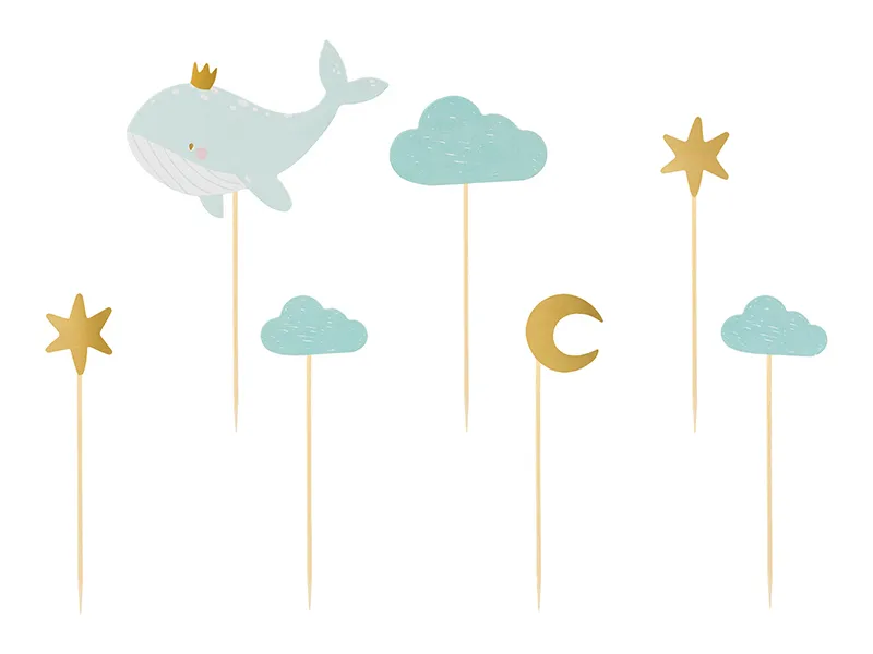 Caketoppers val med guldkrona, moln, stjärnor och måne. Sött till babyshower, dopfesten eller lillens 1-års kalas. 7-pack