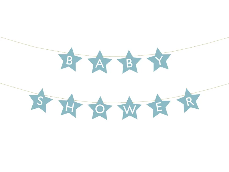 Girlang till Babyshower i söta ljusblåa stjärnor med bokstäver i vitt.