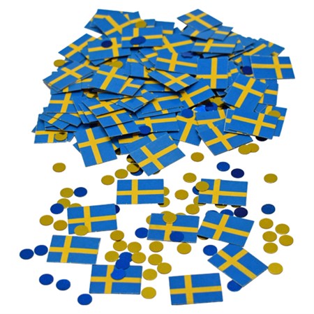 Konfetti svenska flaggan och cirklar. Bordsdekoration till Student, Jubileum, Midsommar, Födelsedagar.