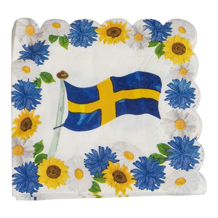 Härliga servetter med blommor och svenska flaggan. Passar utmärkt till student och midsommarfesten. 33x33cm 16-pack. 39kr