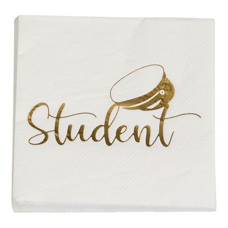Vita stilrena servetter med studentmössa och text i guld till studentfesten. Bordsdukning student.