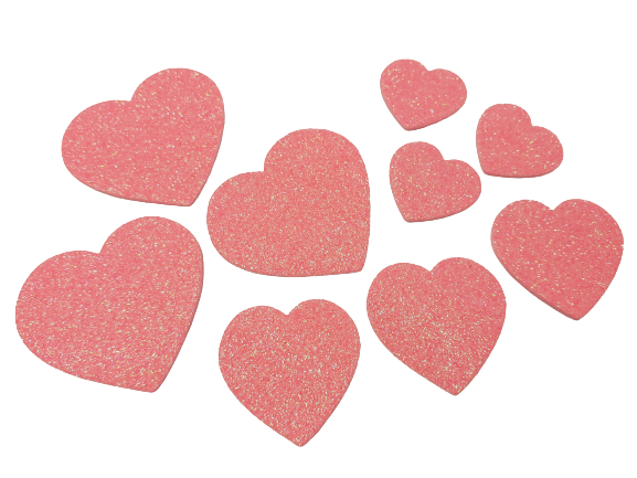 Rosa glitterhjärtan i olika storlekar med skumgummi. 9-pack