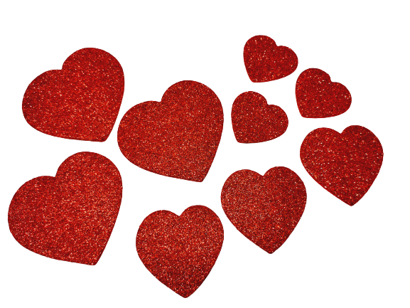 Röda glitterhjärtan i olika storlekar med skumgummi. 9-pack