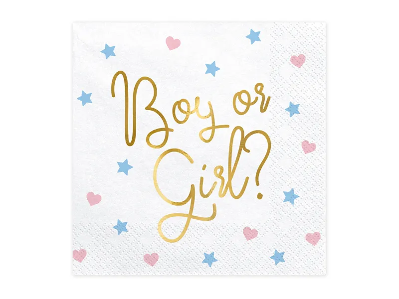 Servetter Boy or Girl? Vita servetter med hjärtan och stjärnor i rosa/blått. Perfekt till överraskningen vid babyshower. 20-pack. 45 kronor.