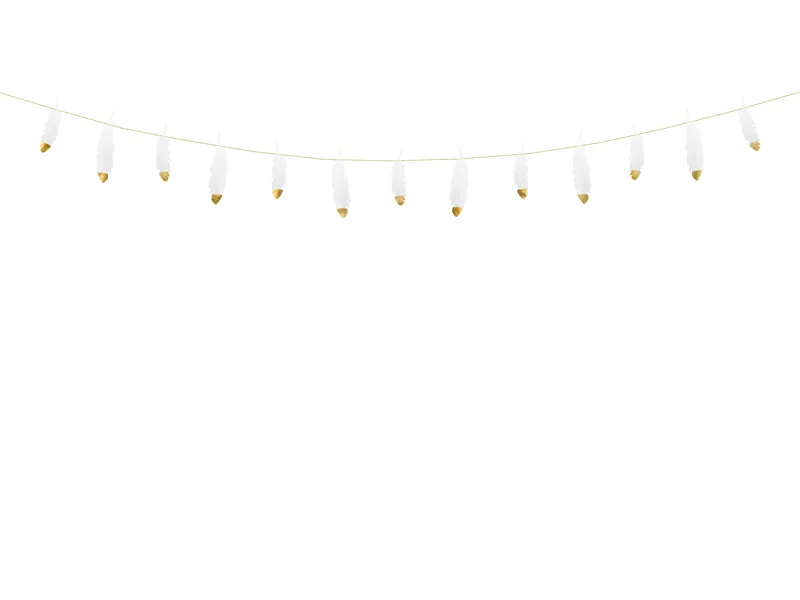 Fjäderformad girlang i vit/guld. Dekoreras på bord eller upphängd till alla slags trevliga fester. 160 cm lång. 39 kronor