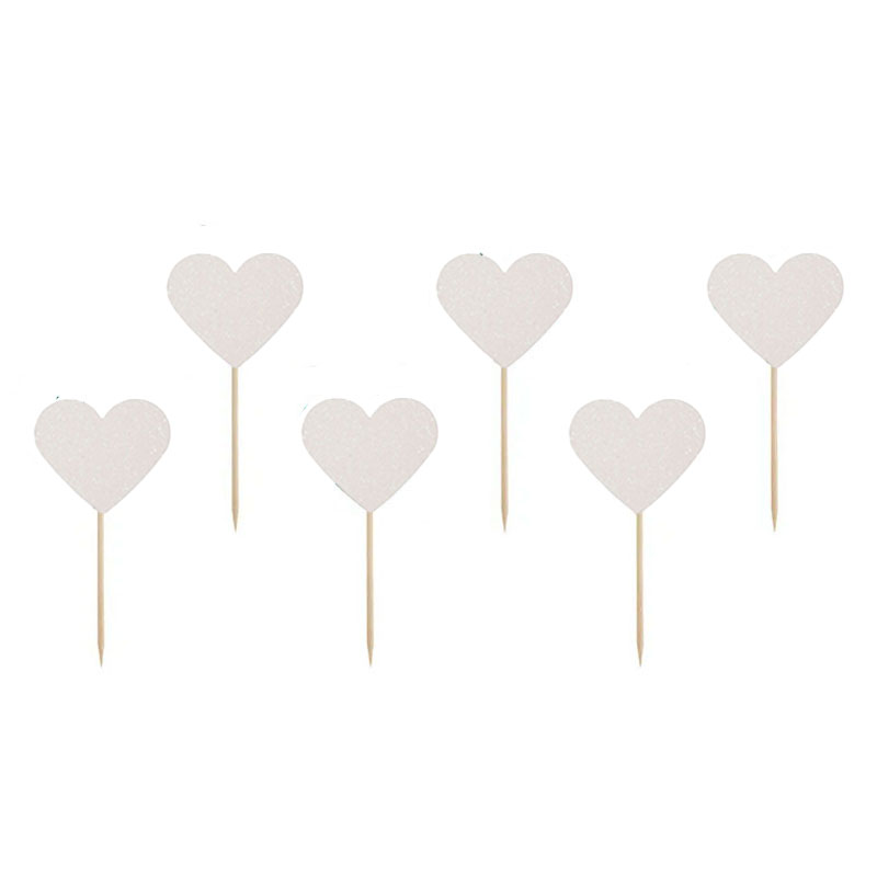 Vita hjärtan med glitter till bakelser och tårtor. 6-pack